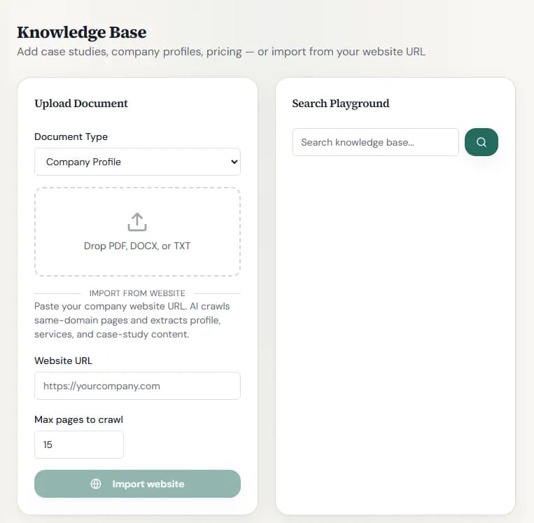 ProposalDraft knowledge base screen for importing company material