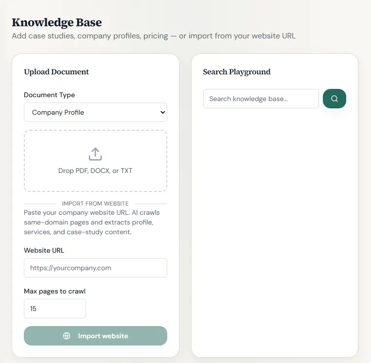 Knowledge base upload and website import screen in ProposalDraft